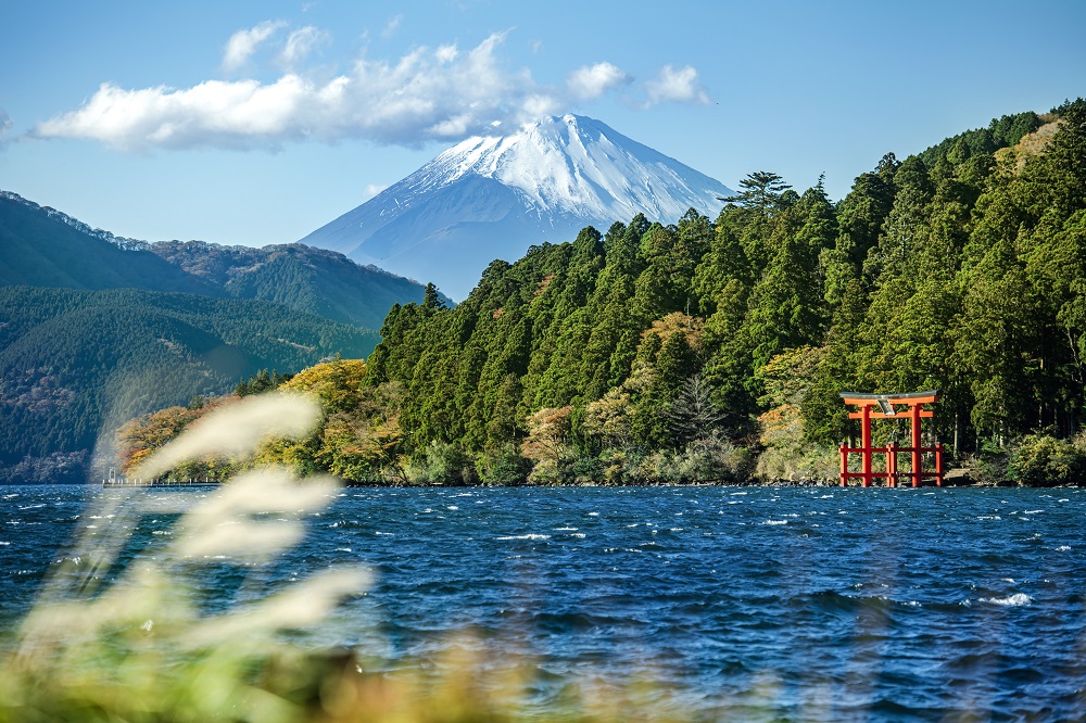 Hakone en automne : feuillage rouge et vue sur le Mont Fuji